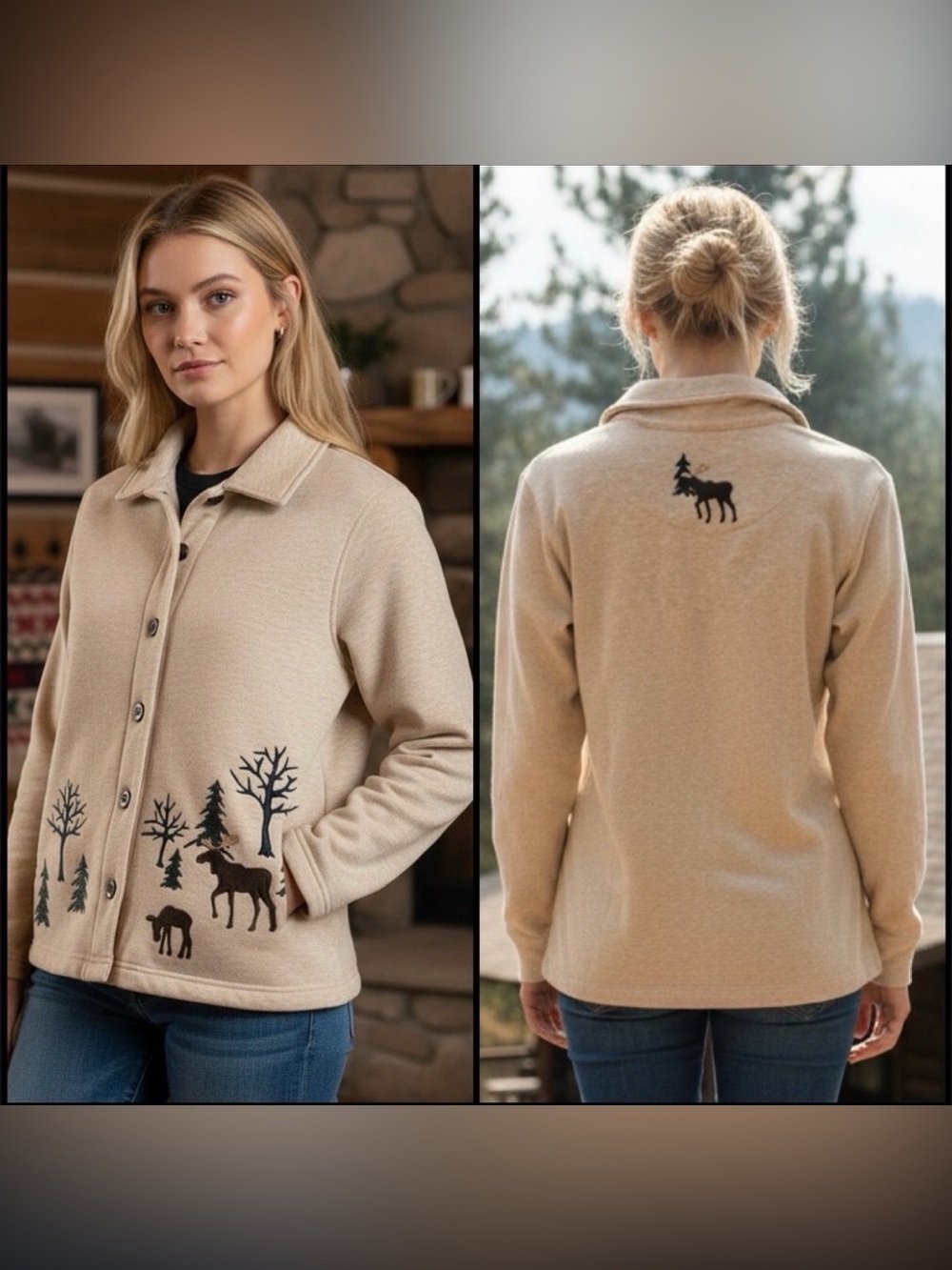 Breckenridge Cardigan with Moose Pine Trees Vintage Beige Fleece
